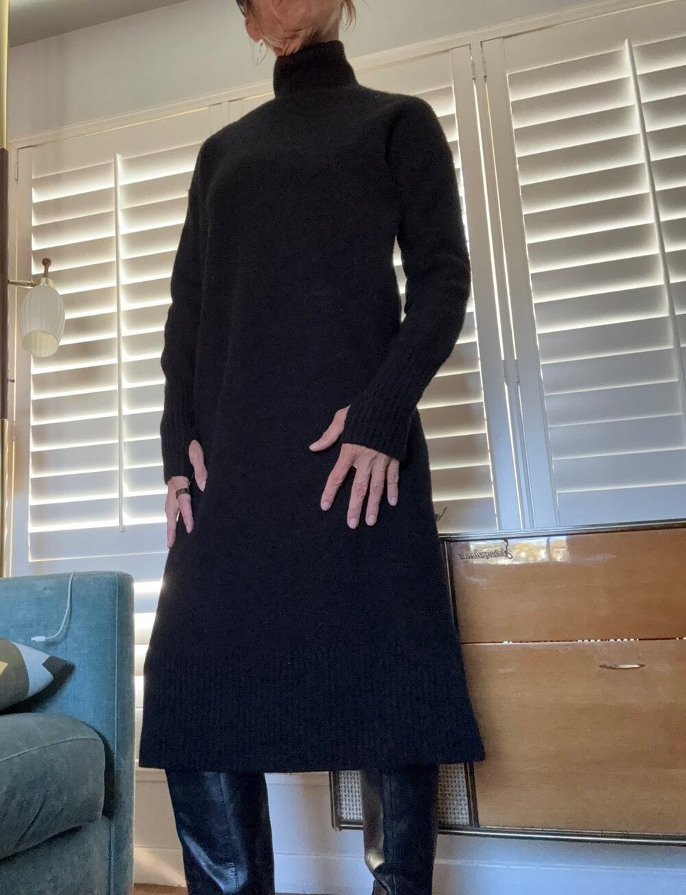 COS Black 100% Wool Funnel Neck Sweater Dress Midi Knit Back Slit Women's S